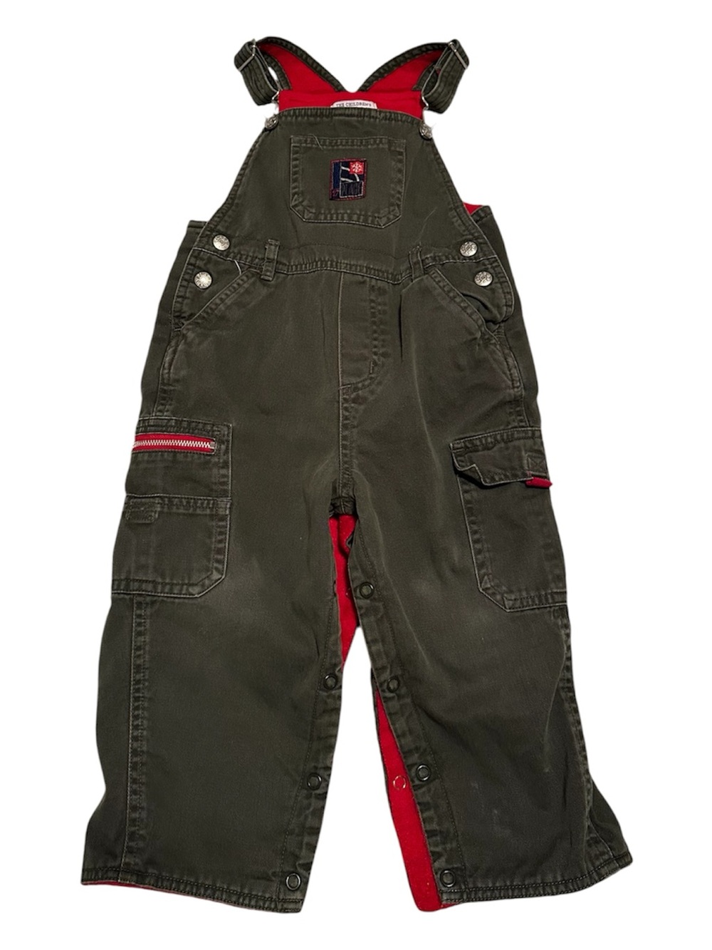 Childrenβs Place Olive Green Overalls with Red Fleece Lining- Size 2T/24M